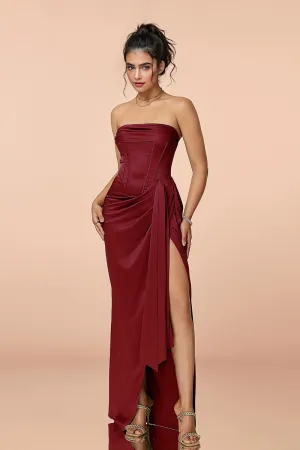 Satin Strapless Corset Bodycon Maxi Dress with High Slit