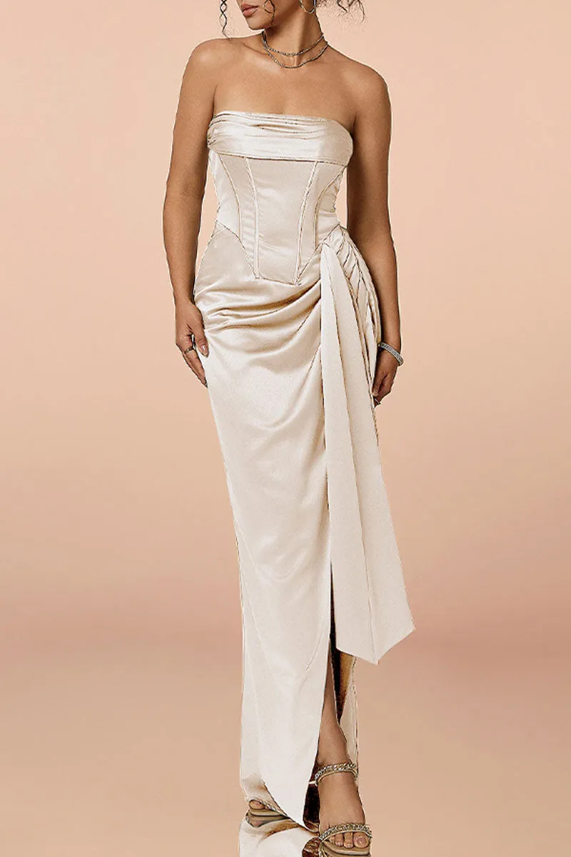 Satin Strapless Corset Bodycon Maxi Dress with High Slit