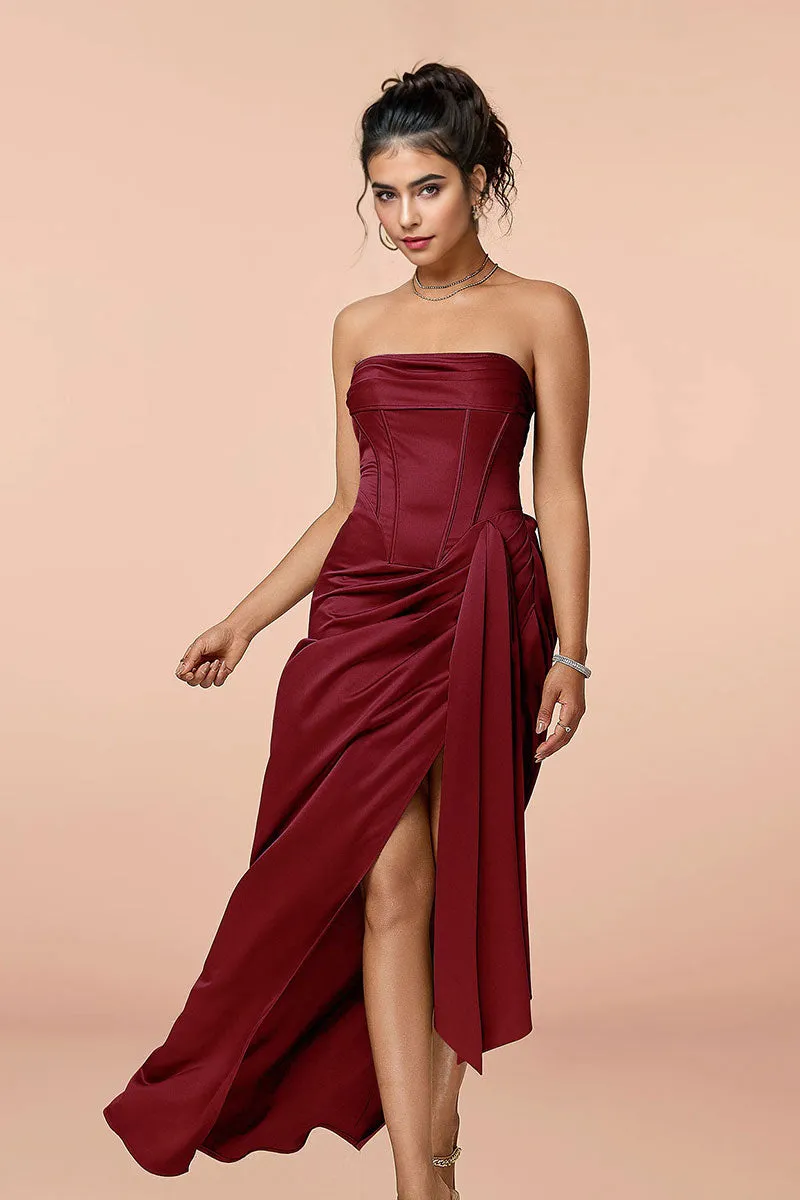Satin Strapless Corset Bodycon Maxi Dress with High Slit