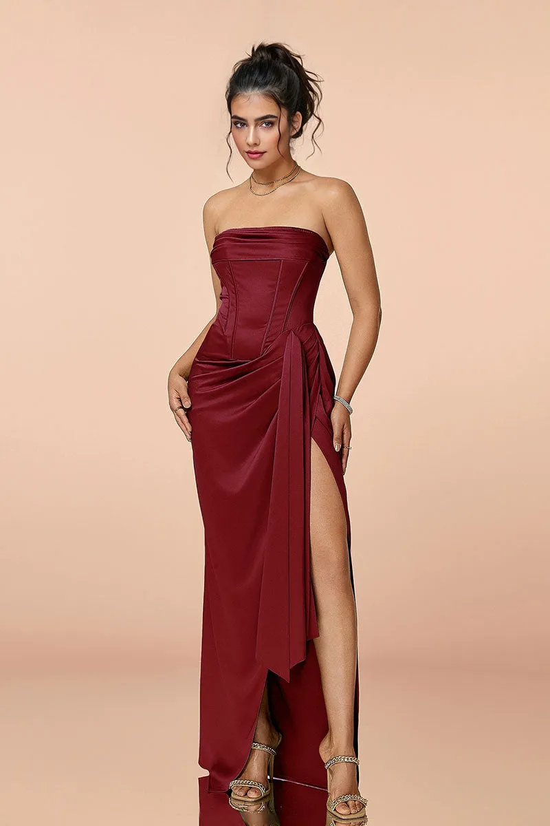 Satin Strapless Corset Bodycon Maxi Dress with High Slit