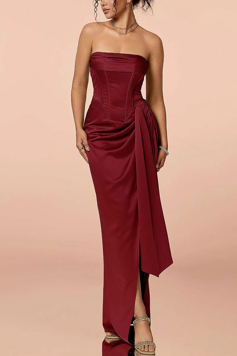 Satin Strapless Corset Bodycon Maxi Dress with High Slit