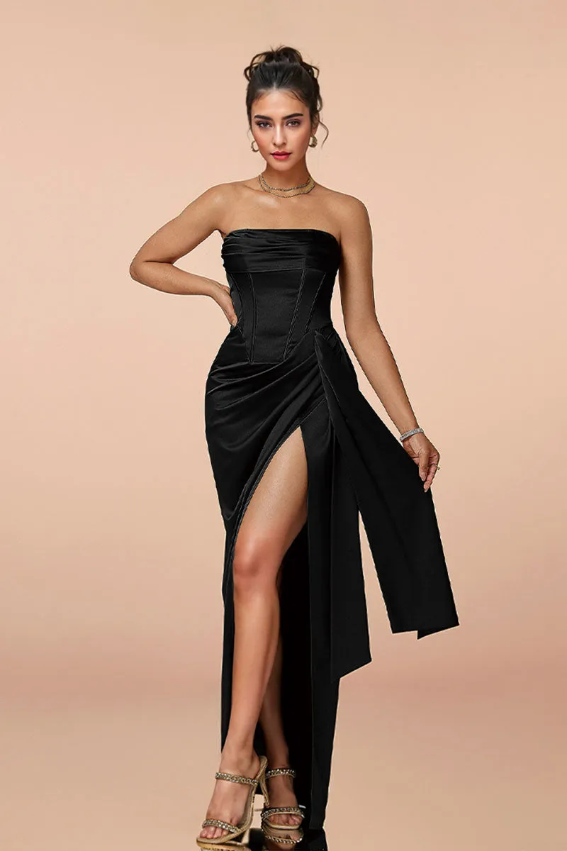 Satin Strapless Corset Bodycon Maxi Dress with High Slit