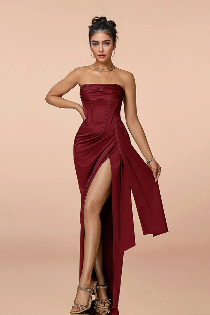 Satin Strapless Corset Bodycon Maxi Dress with High Slit