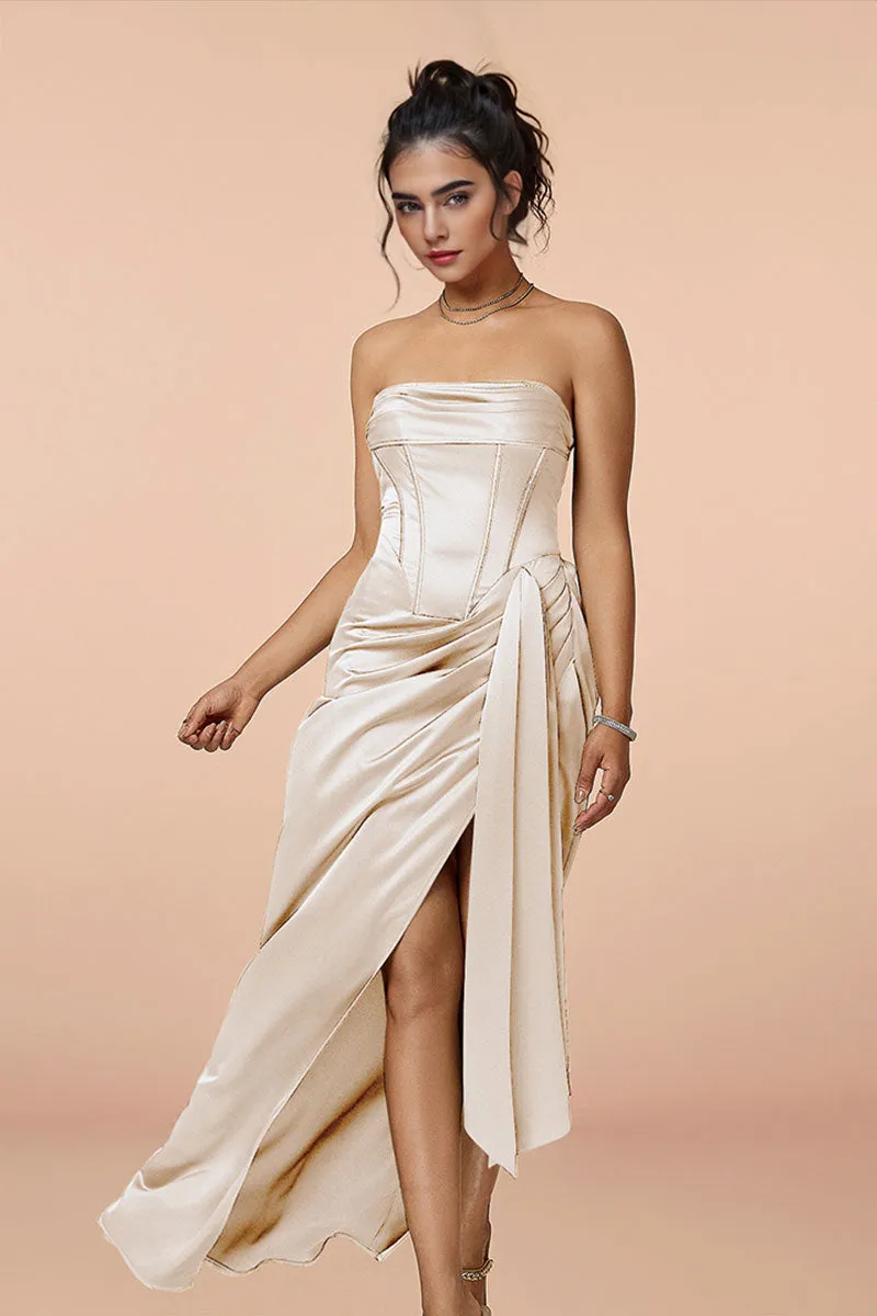 Satin Strapless Corset Bodycon Maxi Dress with High Slit