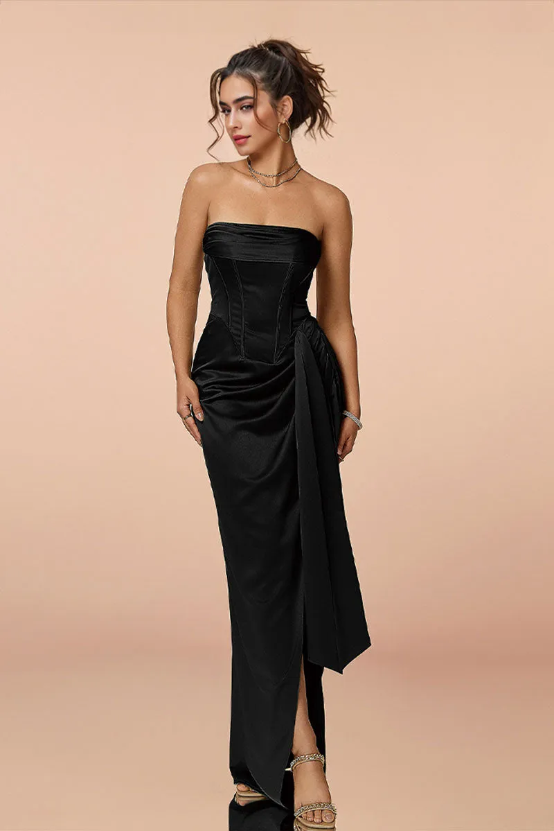 Satin Strapless Corset Bodycon Maxi Dress with High Slit
