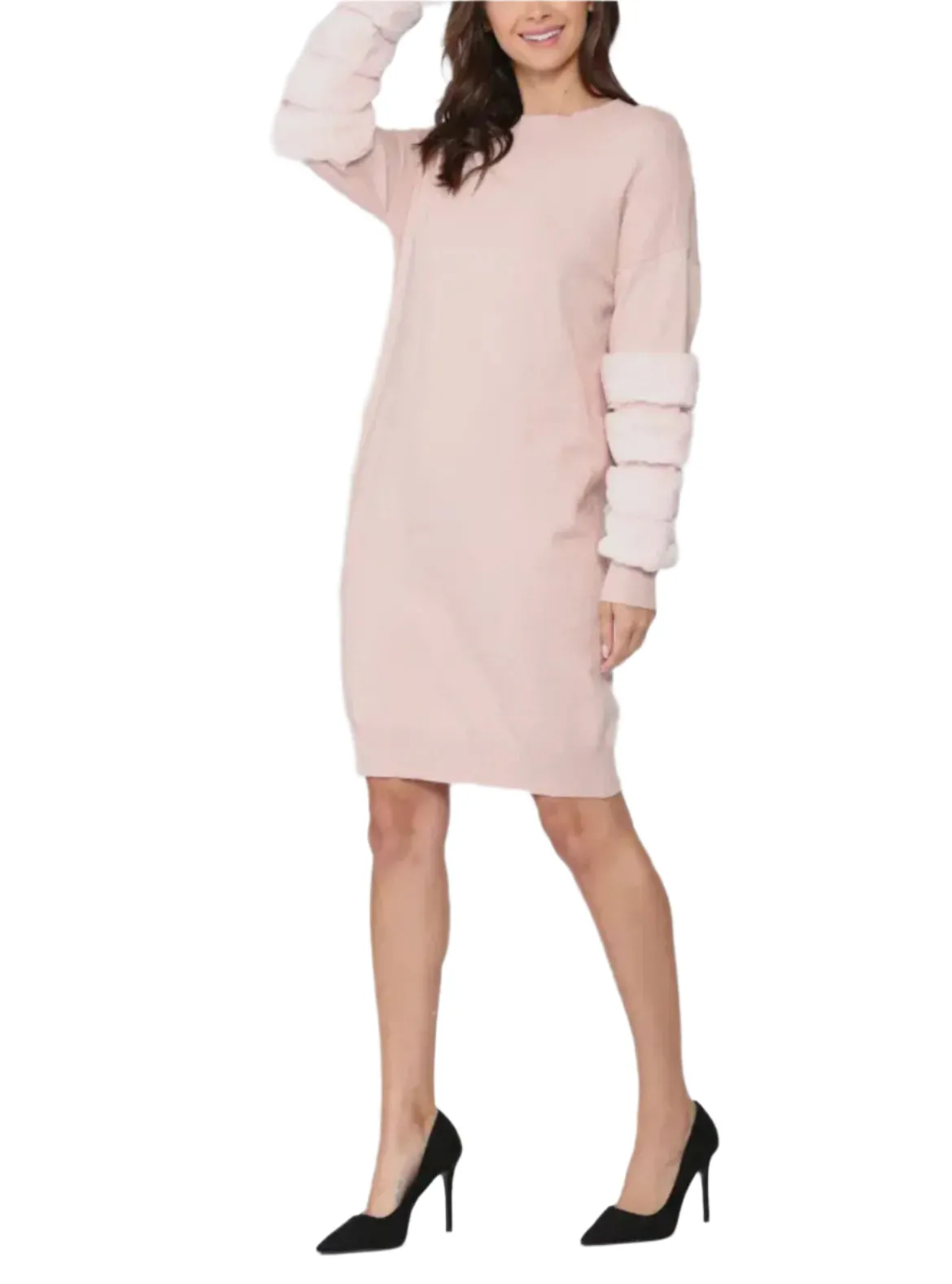 Sweater Knitted Dress with Faux Fur
