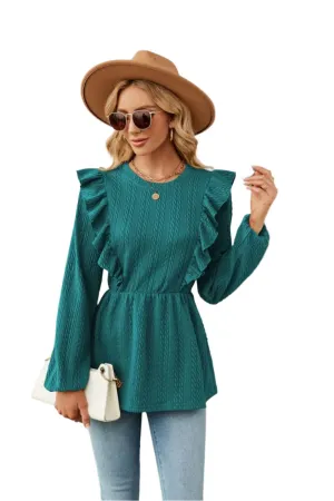 TEEK - Round Neck Ruffled Peplum Blouse