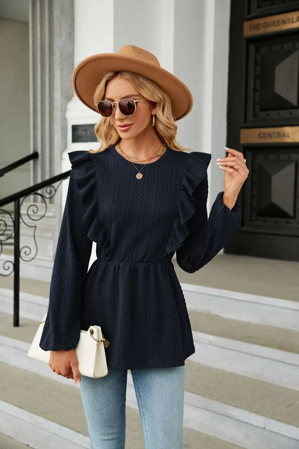 TEEK - Round Neck Ruffled Peplum Blouse