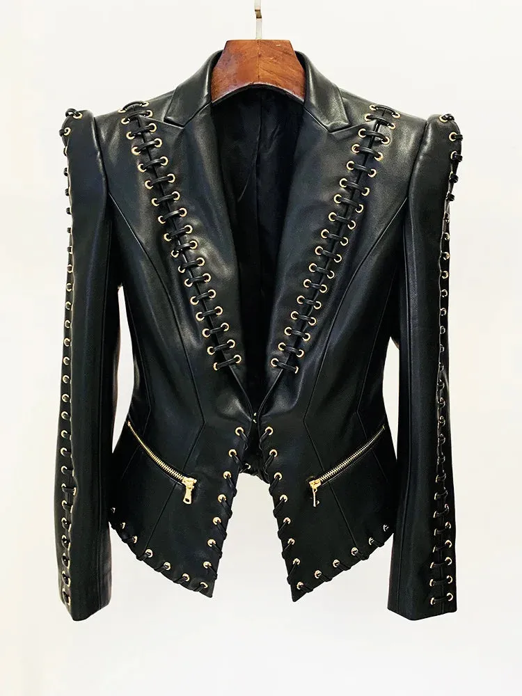 Trend4us Women's Bold Lace-Up Faux Leather Blazer Jacket