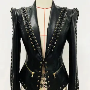 Trend4us Women's Bold Lace-Up Faux Leather Blazer Jacket
