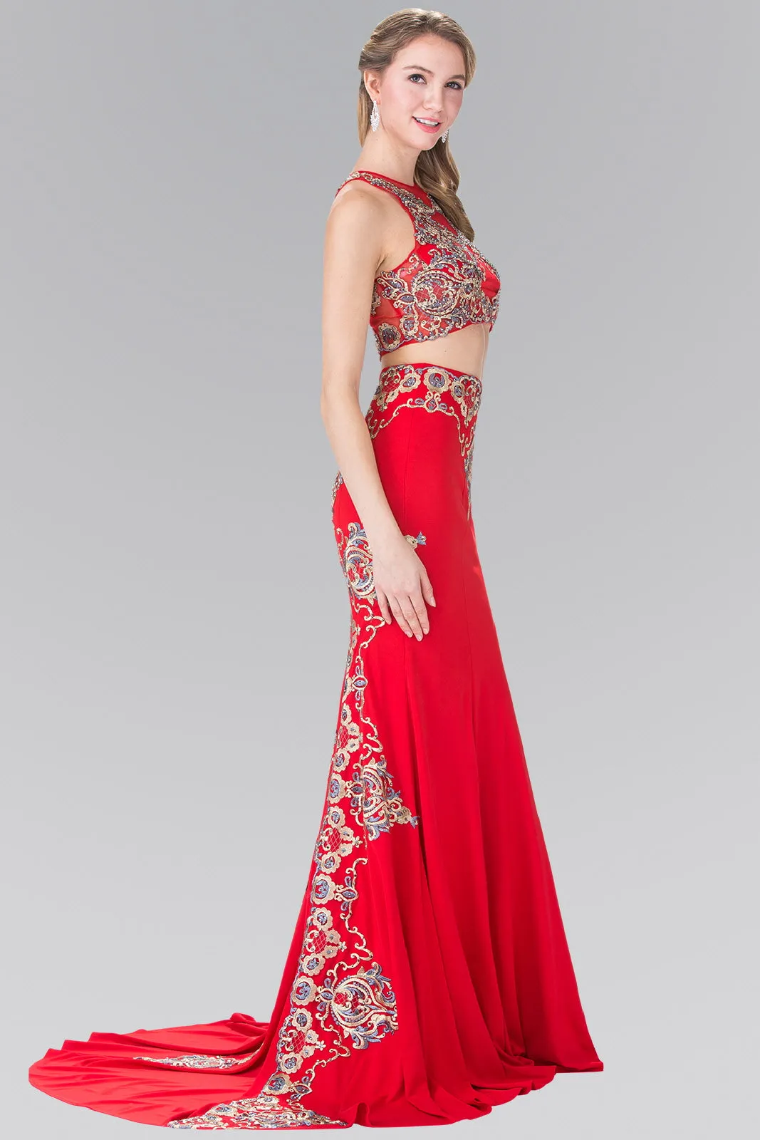 Two-Piece Embroidery Jersey Long Dress with Tail GLGL2296