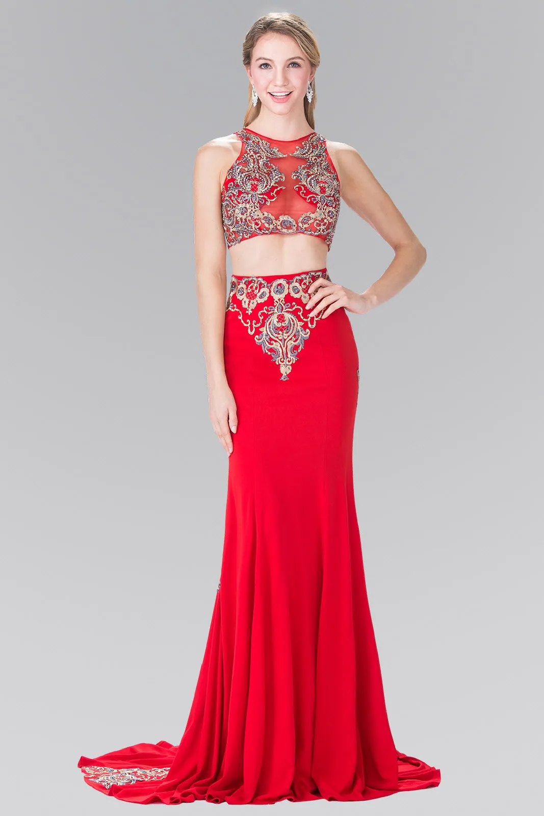 Two-Piece Embroidery Jersey Long Dress with Tail GLGL2296