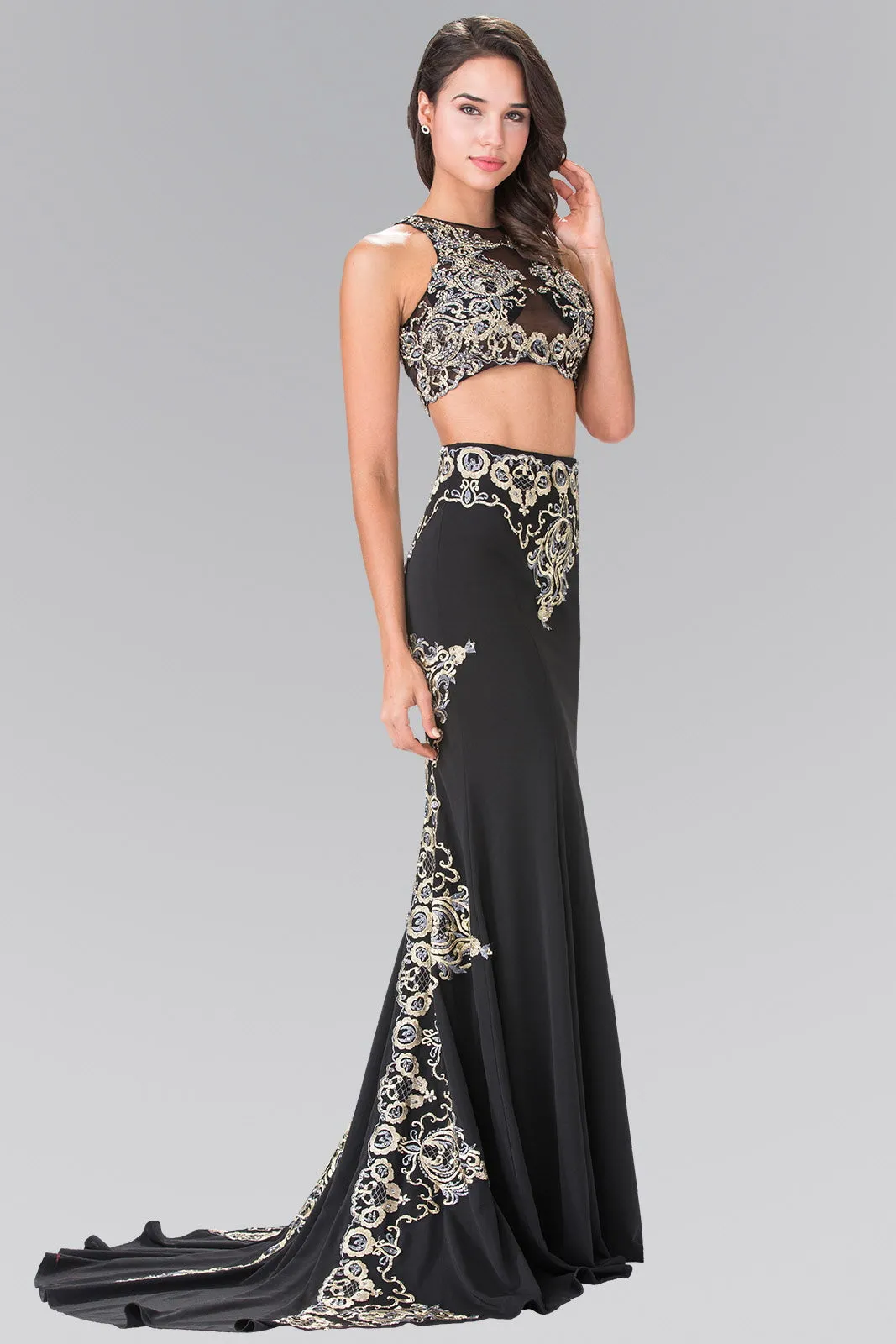 Two-Piece Embroidery Jersey Long Dress with Tail GLGL2296