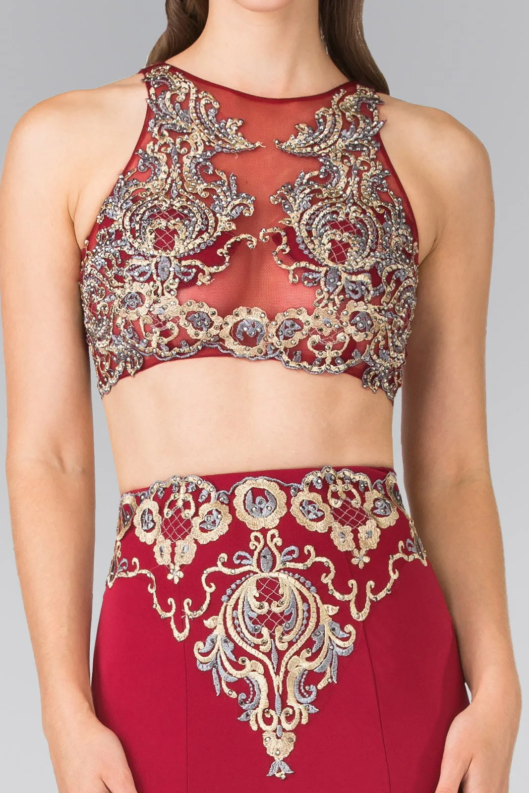 Two-Piece Embroidery Jersey Long Dress with Tail GLGL2296