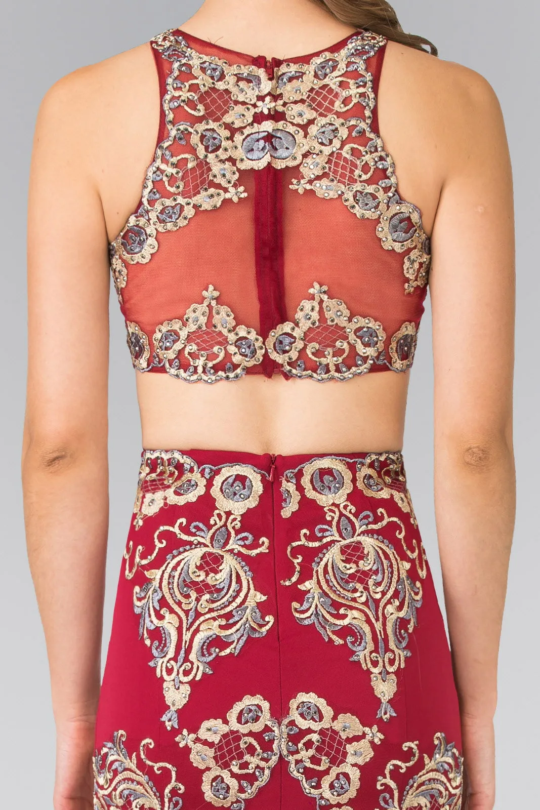 Two-Piece Embroidery Jersey Long Dress with Tail GLGL2296