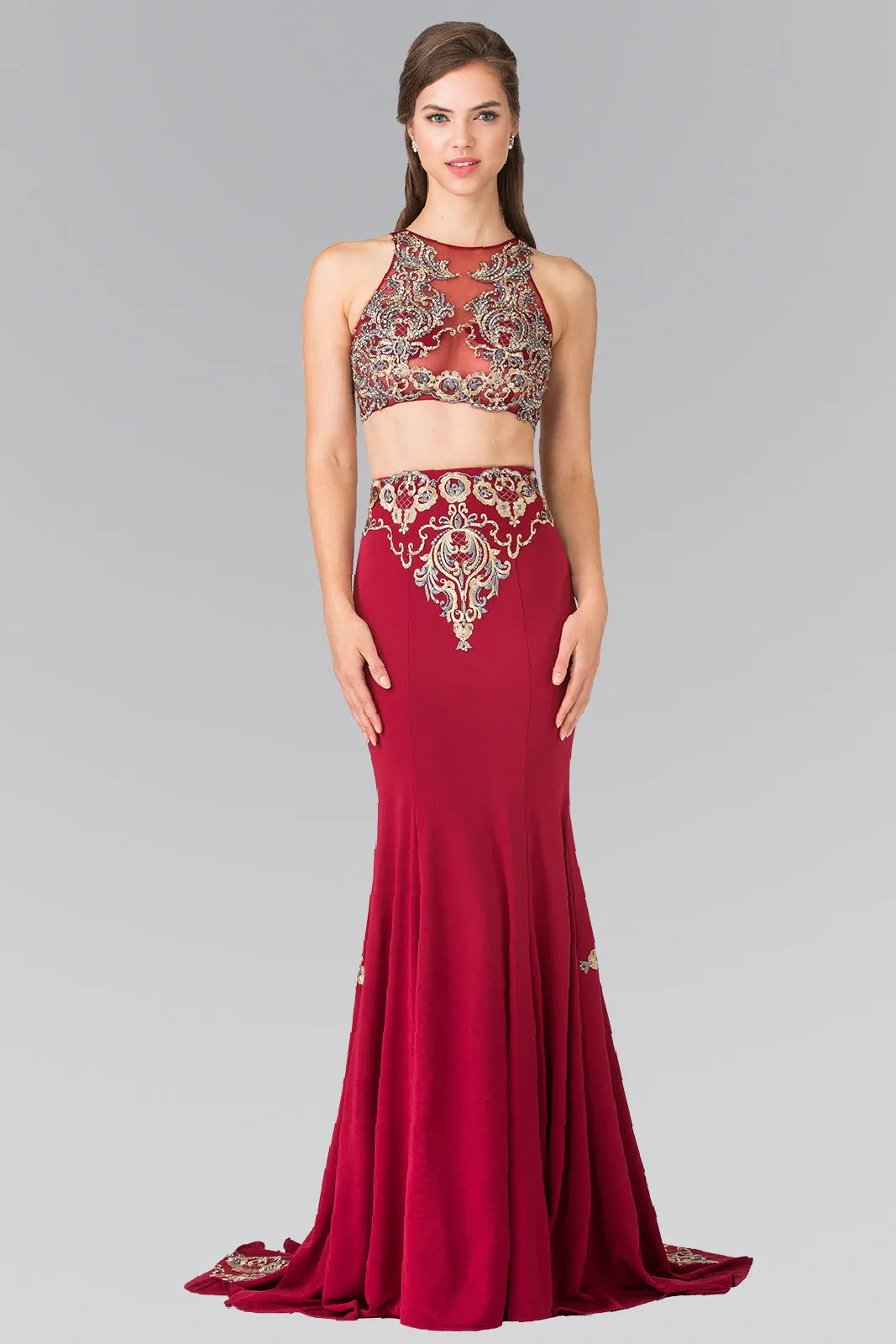 Two-Piece Embroidery Jersey Long Dress with Tail GLGL2296