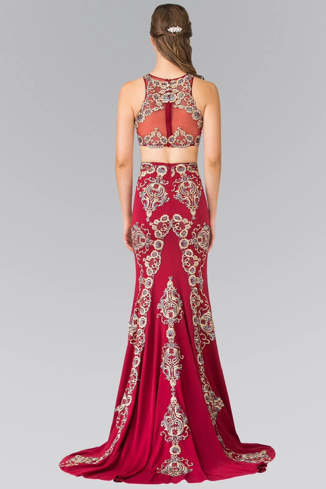 Two-Piece Embroidery Jersey Long Dress with Tail GLGL2296