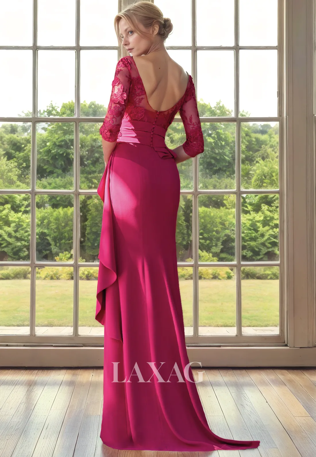 V-Neck Quarter Sleeves Lace Appliques Sleek Satin Mother of the Bride Dress