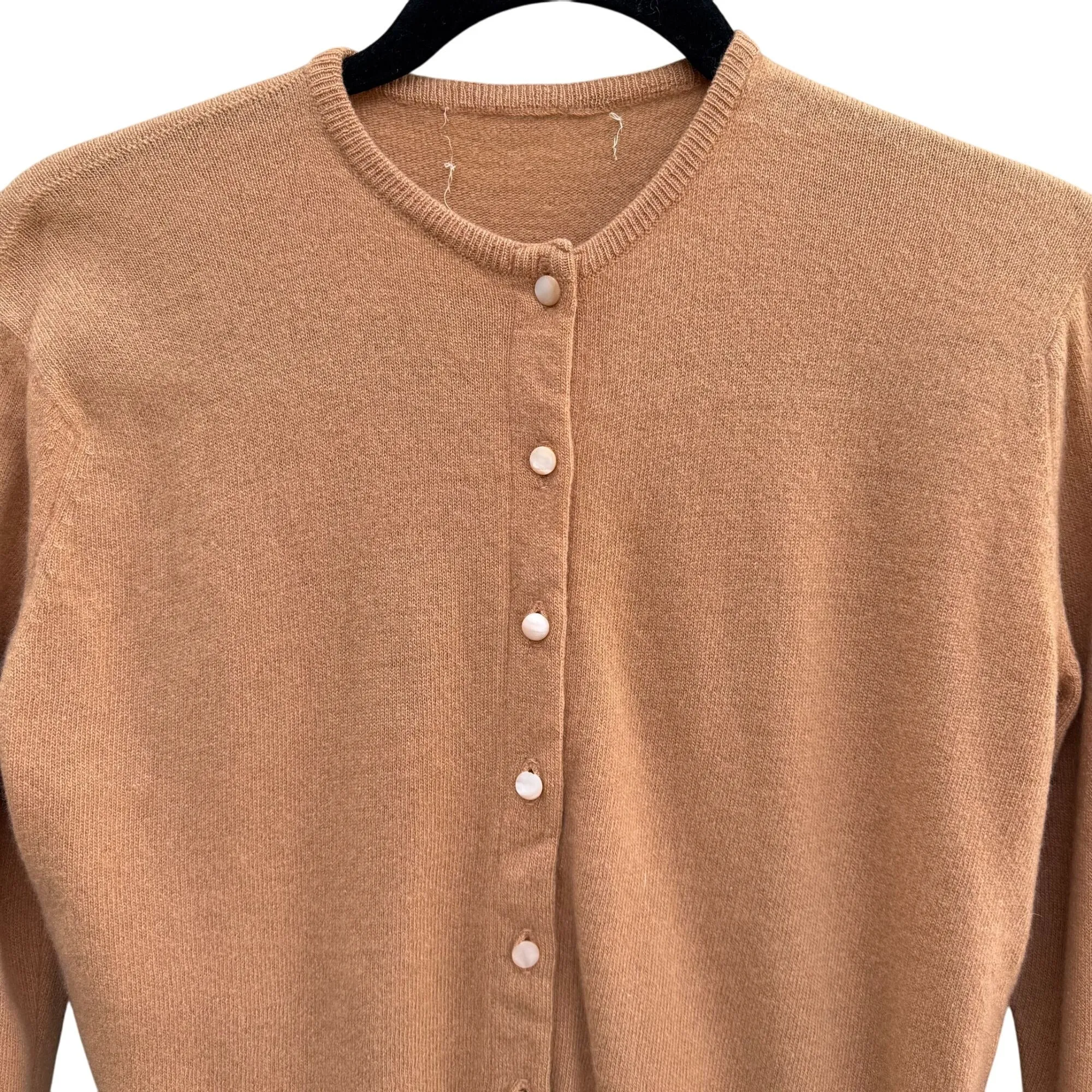 Vintage Womens Camel Button-Up Cashmere Wool Crew Neck Cardigan Knit Sweater S