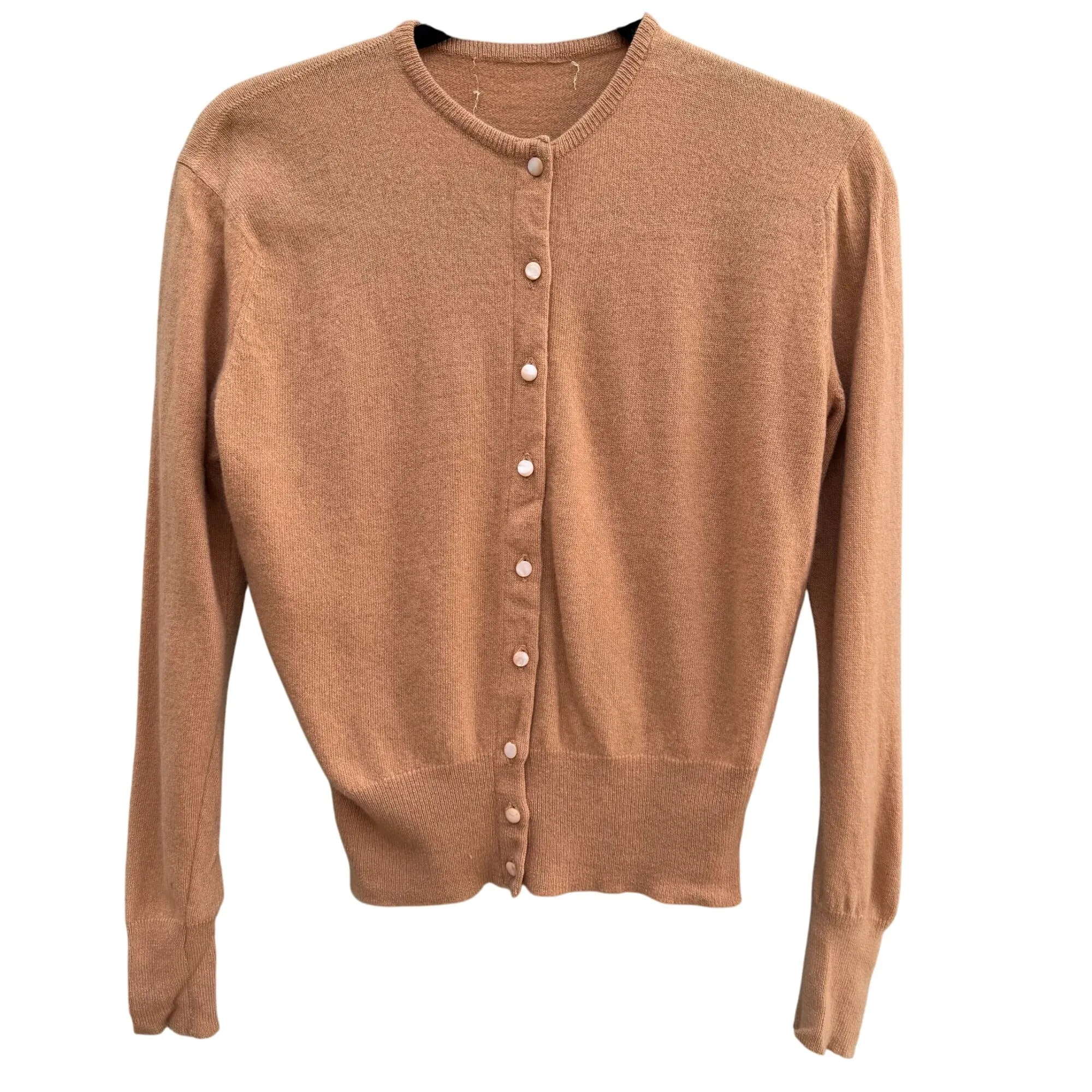 Vintage Womens Camel Button-Up Cashmere Wool Crew Neck Cardigan Knit Sweater S