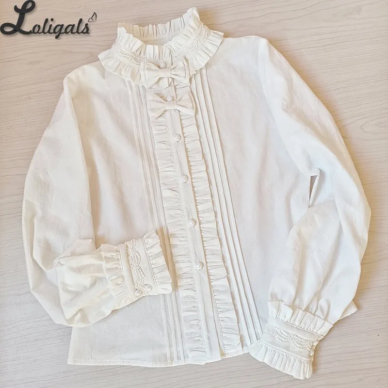 White Long Sleeve Cotton Shirt Stand Collar Lolita Blouse