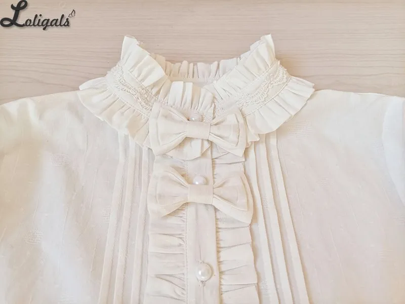 White Long Sleeve Cotton Shirt Stand Collar Lolita Blouse