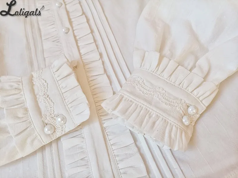 White Long Sleeve Cotton Shirt Stand Collar Lolita Blouse