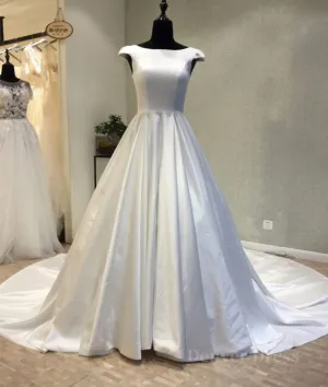 White round neck satin long prom gown evening dress