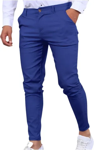 wodceeke Business Skinny Pants for Men Zipper High Waist Solid Color Pants Casual Stretchy Tapered Suit Trousers with Pocket