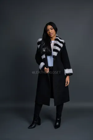 Women's Cashmere Trench Coat With Rex Trimming [Black]