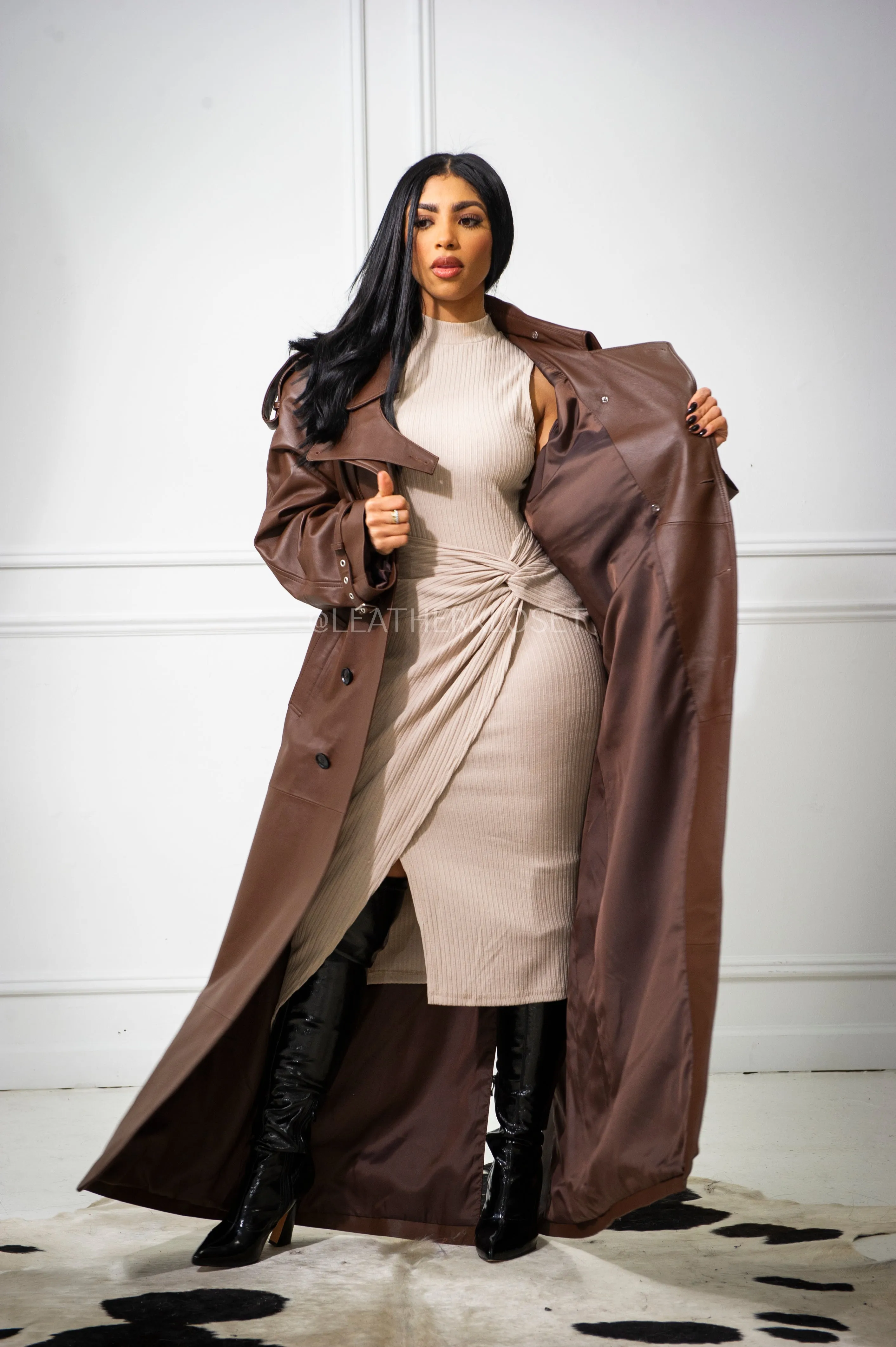 Women's Cora Full Length Leather Trench [Brown]