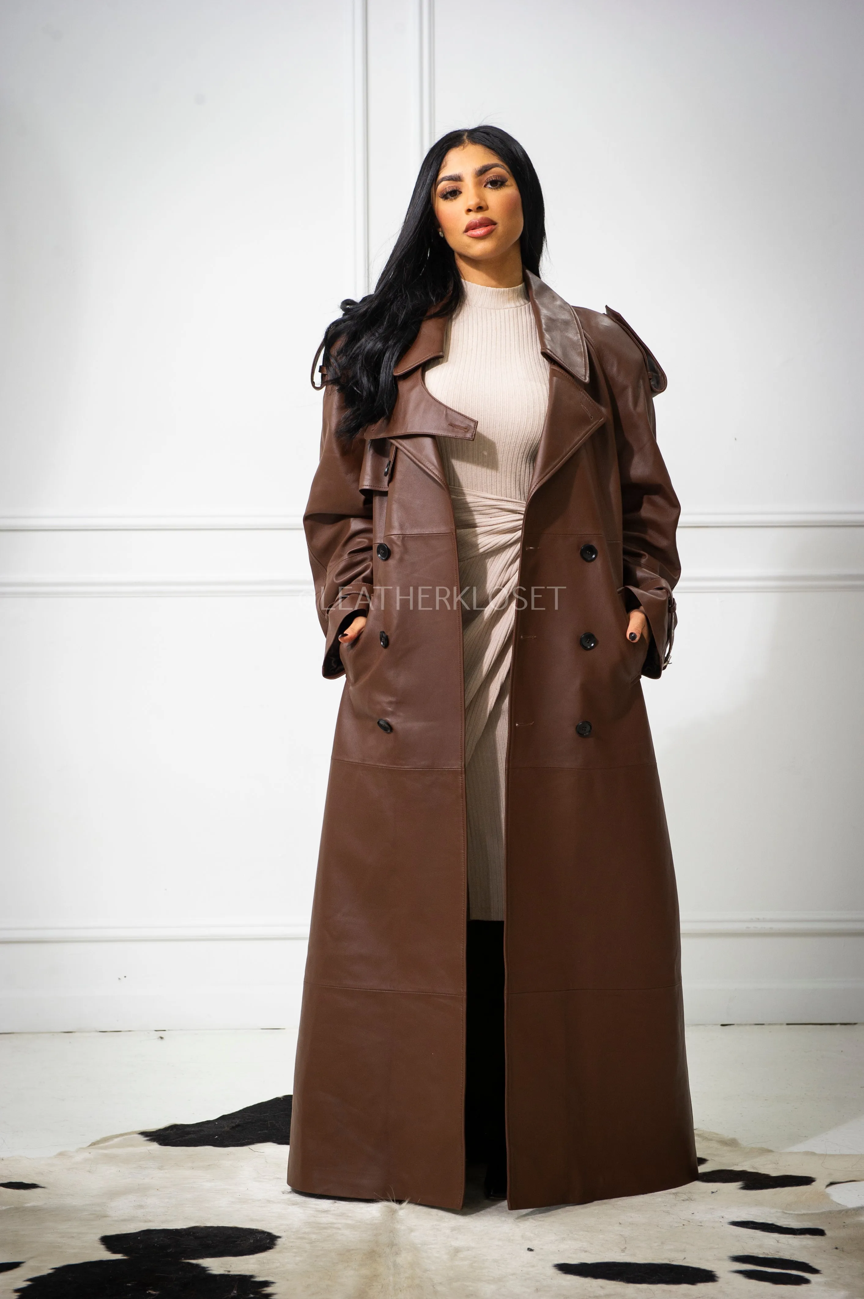 Women's Cora Full Length Leather Trench [Brown]