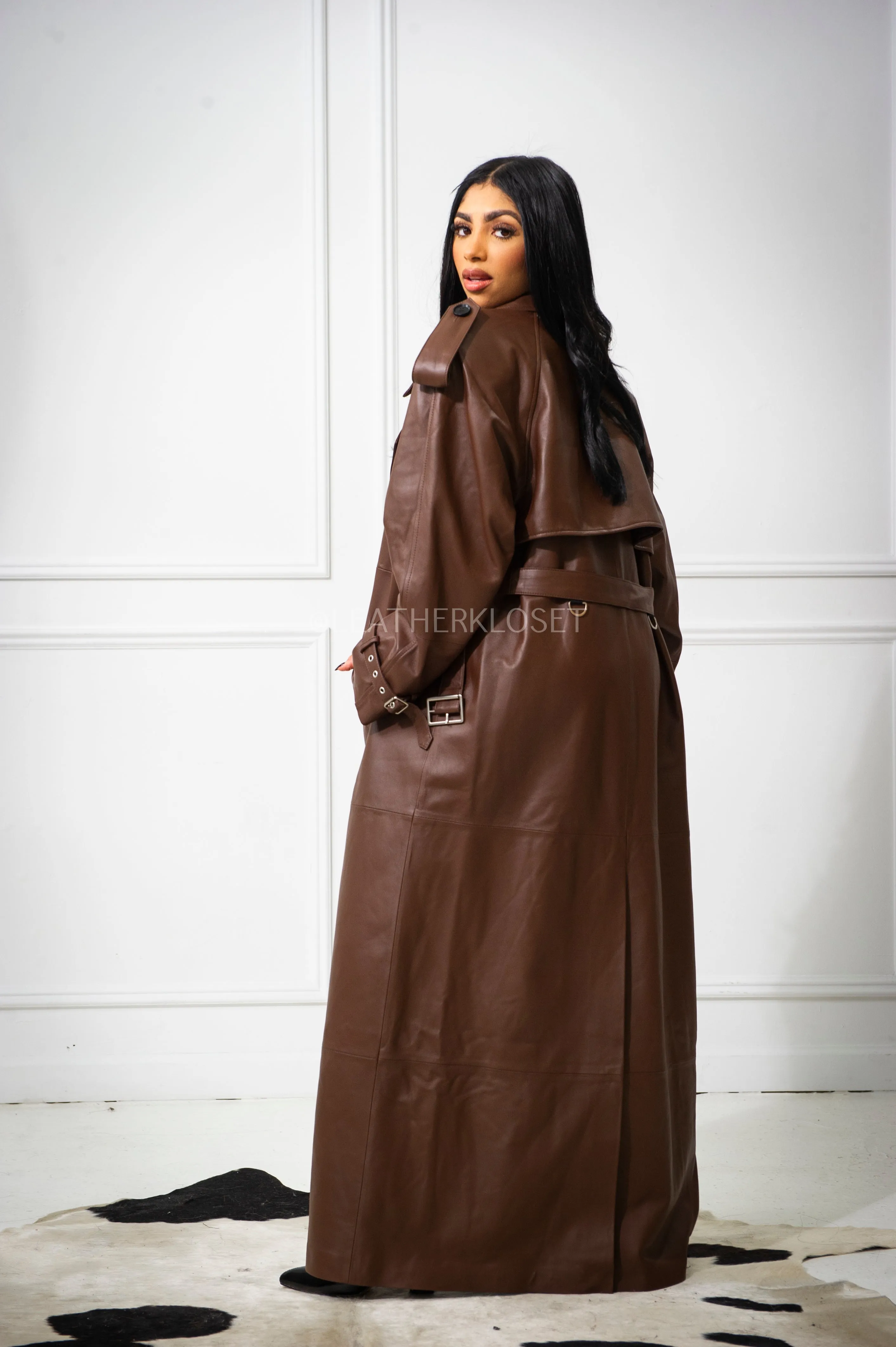Women's Cora Full Length Leather Trench [Brown]
