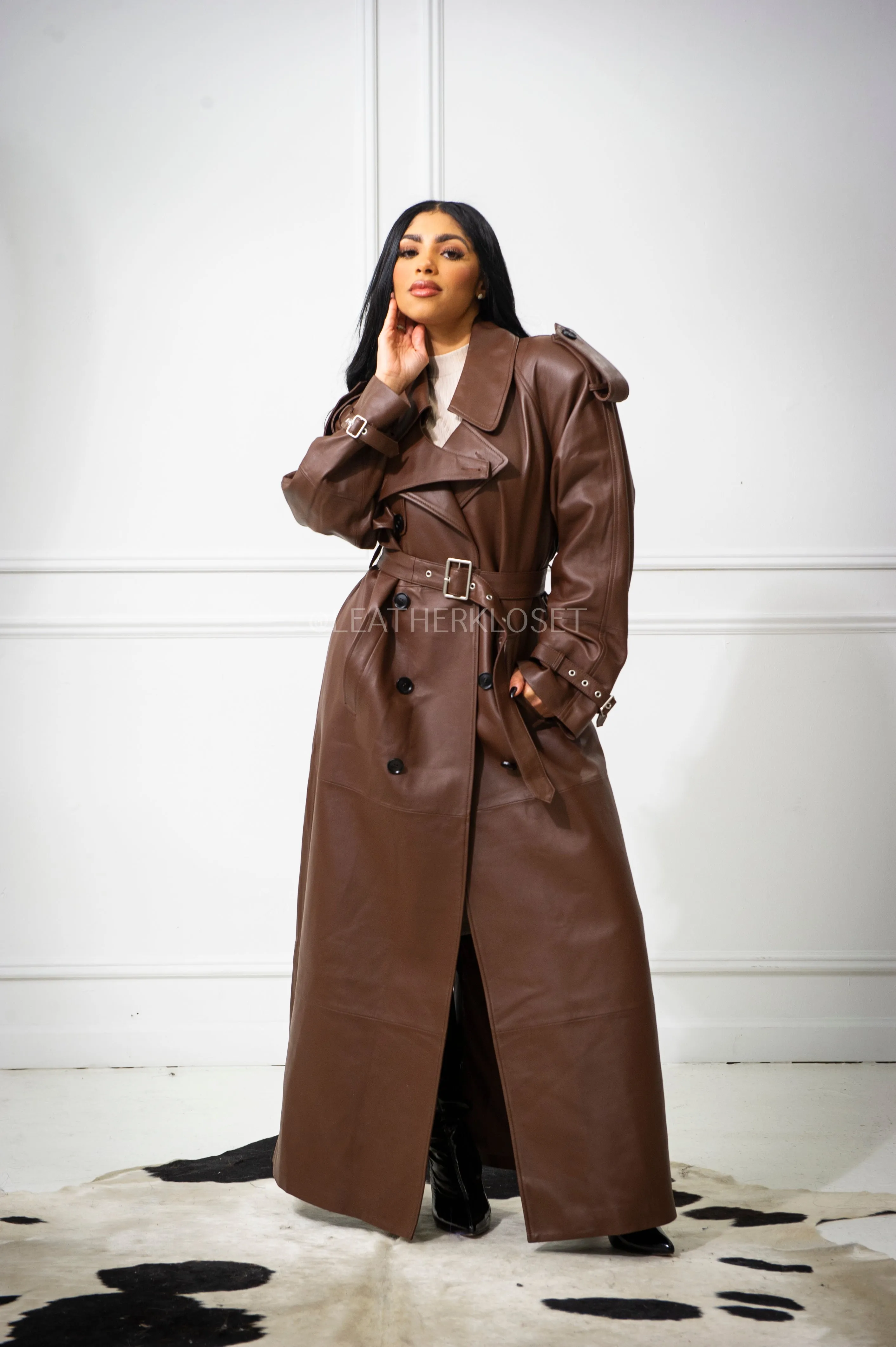 Women's Cora Full Length Leather Trench [Brown]