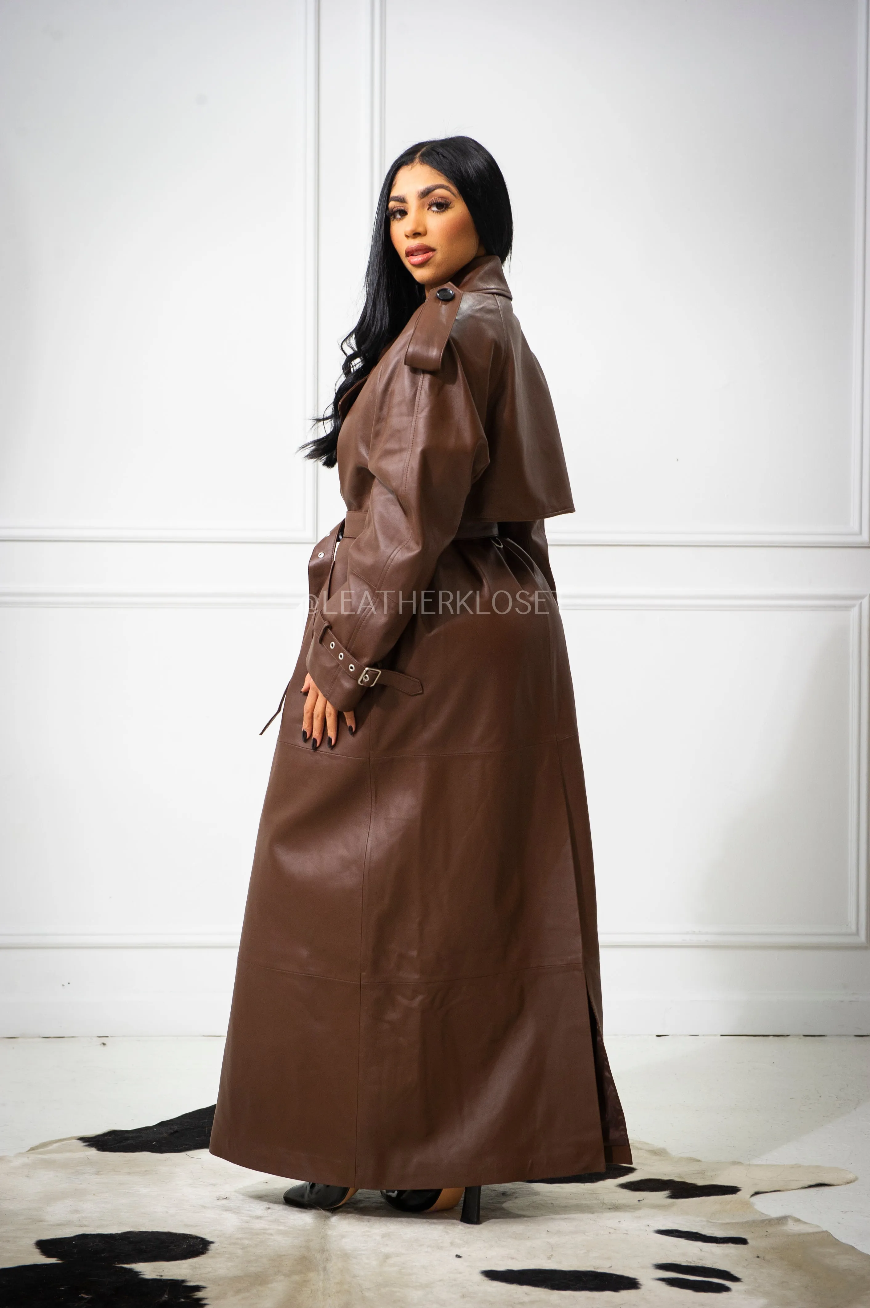 Women's Cora Full Length Leather Trench [Brown]