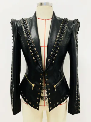 Women's Faux Leather Fitted Blazer Gothic Black Rocker Style with Straps