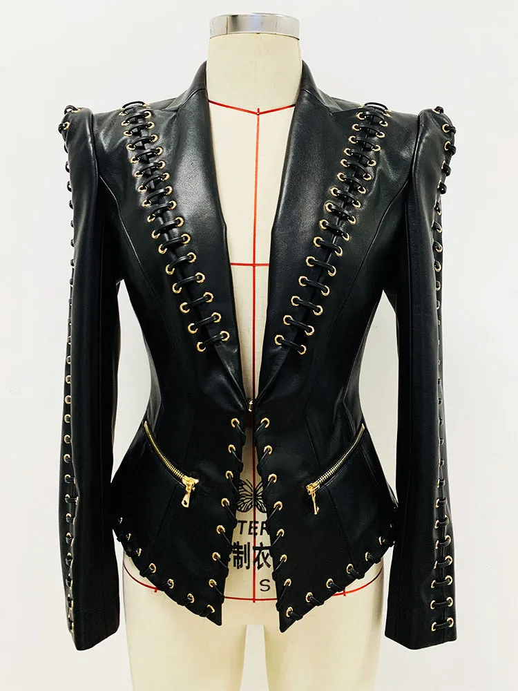 Women's Faux Leather Fitted Blazer Gothic Black Rocker Style with Straps
