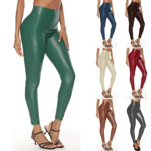 Women's High Waist Leather Stretch Hip Bright Leggings