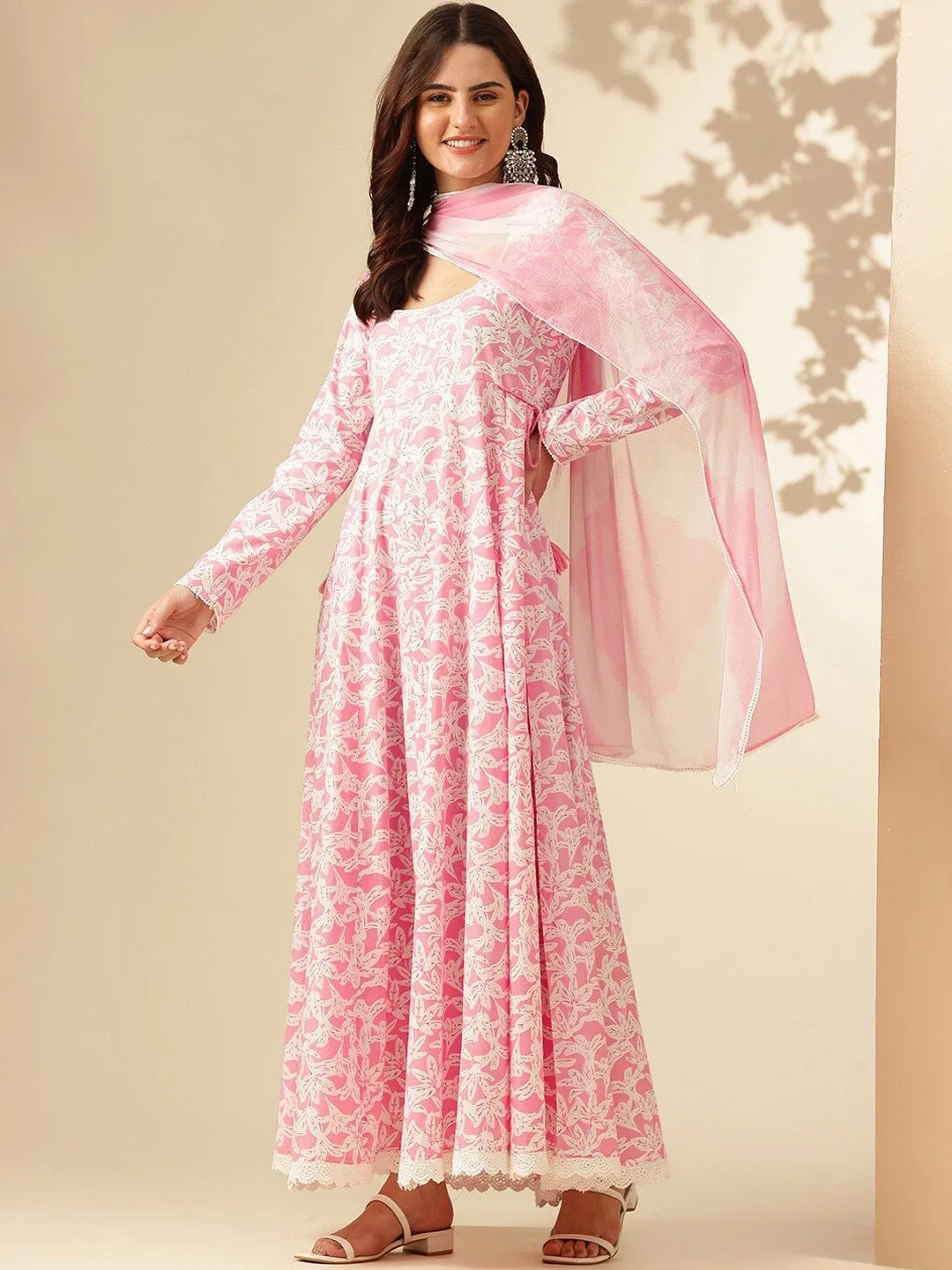 Women's Pastel Pink & White Floral Printed Anarkali Kurta with Dupatta